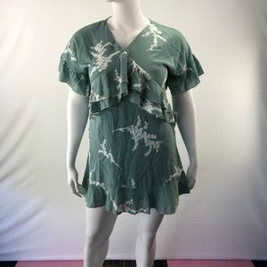 Green Floral Ruffle Dress Small Boho Above Knee Short Sleeve